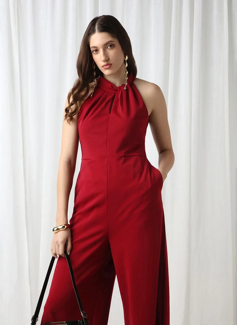 globus Maroon Globus Women Maroon Twisted Halter Neck Sleeveless Pleated Detailing Wide Leg Workwear Jumpsuit for Women | Best Price UAE